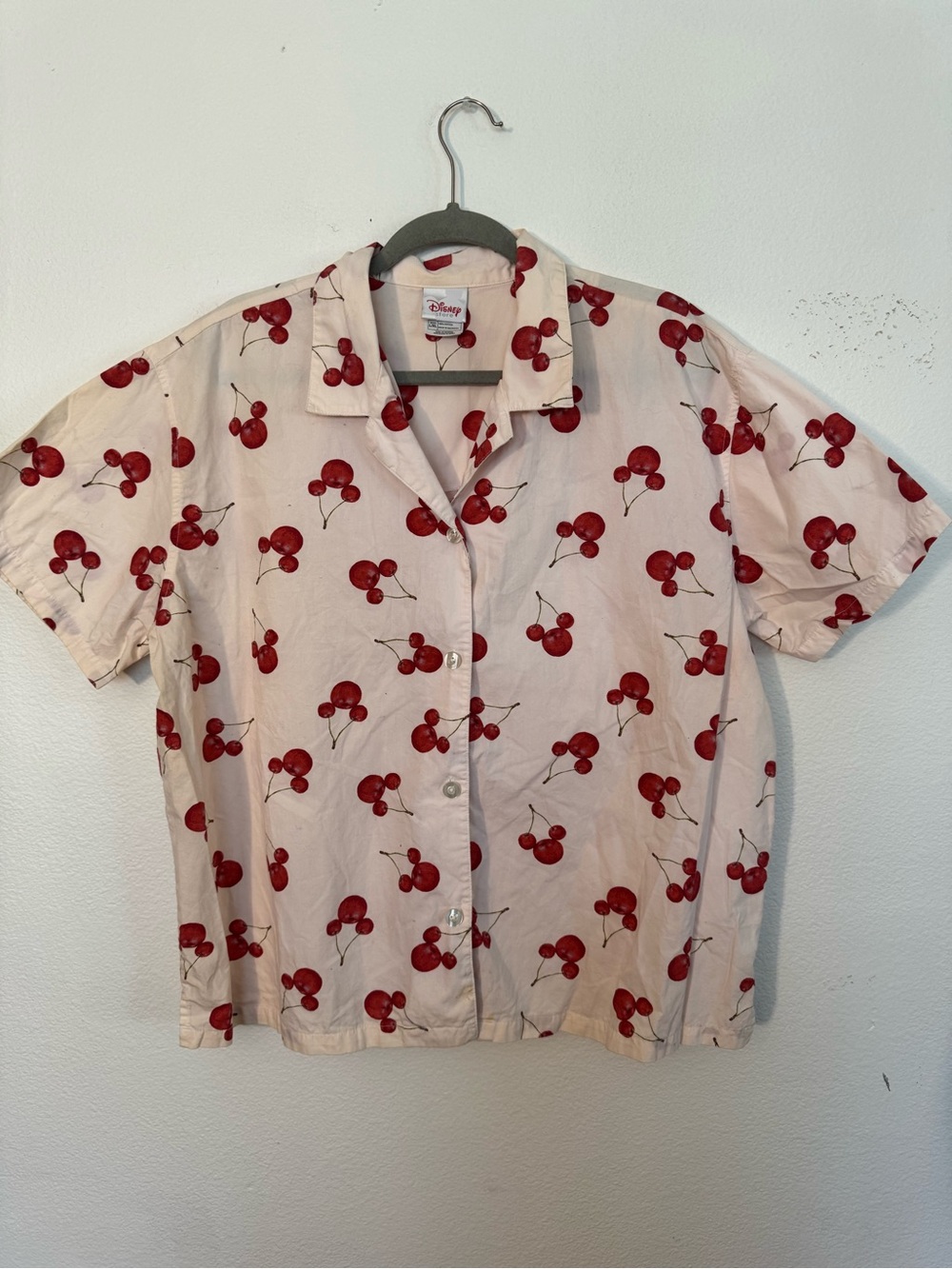 Disney Men’s Light Pink Short Sleeve Button-Down Shirt with Red Cherry Print